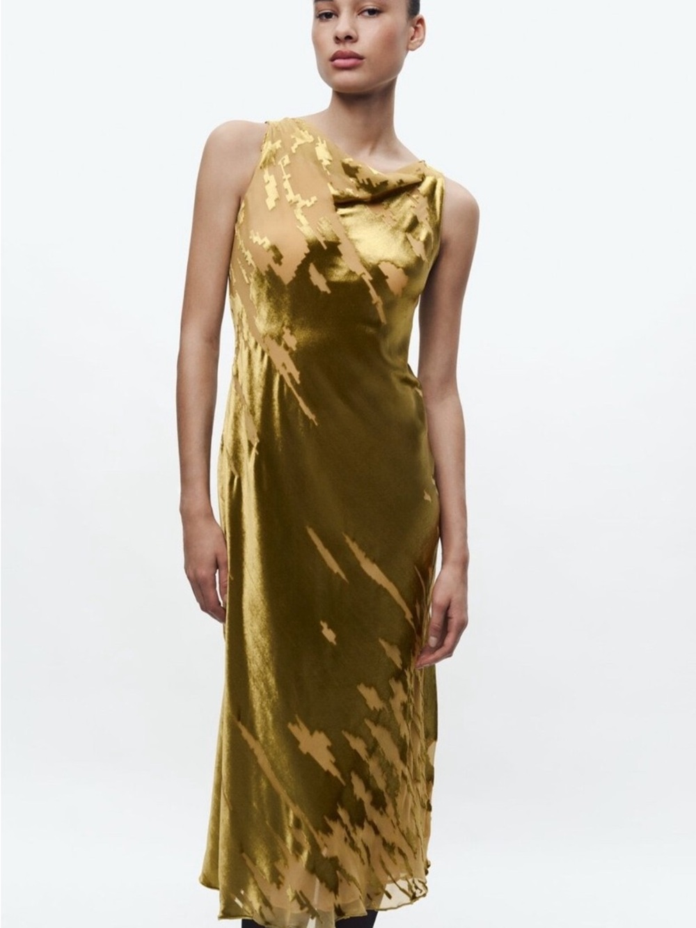 Zara Gold Satin Cowl-Neck Maxi Dress